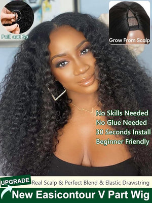 KLAIYI EasiContour V Part Wig Human Hair 4C Kinky Curly Glueless Wear And Go Clip In Half Wig Upgrade Upart Wigs for Black Women No Leave Out No Glue Beginner Friendly Natural Color Ready to Go 18Inch