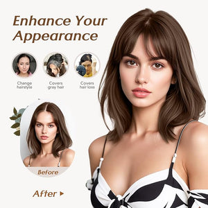 Rich Choices Real Human Hair Toppers for Women 3D Cover Clip in Bangs 100% Remy Human Clip in Silk Base Hair Topper with Bang for Thinning 150% Density 12 Inch #2R Chocolate Brown