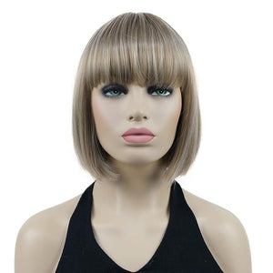 Lydell 8 Straight Short Bob Hair Flat Bangs Cute Central Dot Skin Top Heat Resistant Synthetic Wigs (H16/613 Blonde Highlighted)