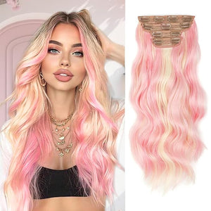 Vigorous Clip in Long Wavy Synthetic Hair Extension 4PCS Light Pink mix Blonde Hair Extensions 20Inch Easy to Install for Daily Use and Event Party Use