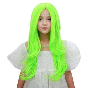 Neon Green Wig for Kids Girls Long Green Ombre Middle Part Wig Children Light Green Wavy Curly Wig Heat Resistant Synthetic Wig with Wig Cap
