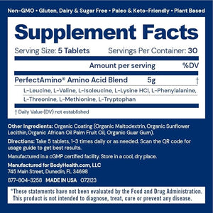 BodyHealth PerfectAmino Easy to Swallow Tablets Essential Amino Acids Supplement with BCAAs Vegan Protein for Pre/Post Workout &amp Muscle Recovery with Lysine Tryptophan Leucine (36 Servings)