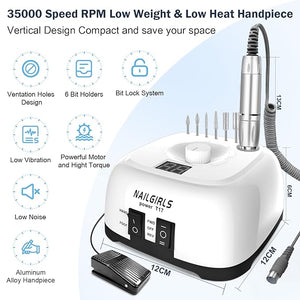 NAILGIRLS Electric Nail Drill Professional 35000RPM with Foot Pedal Nail Drill Machine for Acrylic Gel Nails Manicure Pedicure with LCD Display Efile Tool for Salon Home Use