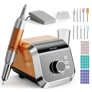 Professional Nail Drill with Foot Pedal Nail E File 45000 RPM Speed Electric Nail Filer for Acrylic Nails F/R Rotation 65W Power Quite Nail Drill Machine for Women Orange
