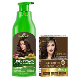Herbishh Dark Brown 3 in 1 Hair Dye Shampoo 500 ML + Travel Size Dye Shampoo pack of 10 30 ML Each - Champu Para Canas Muje