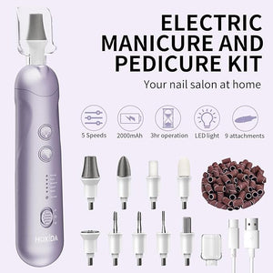 Professional Manicure Pedicure Kit Cordless Electric Nail File Set Rechargeable Pedicure Tools for feet 5 Speeds Hand Foot Care Nail Drill for Thick Nail Toenail Cuticle Women Men Baby Pets-Purple
