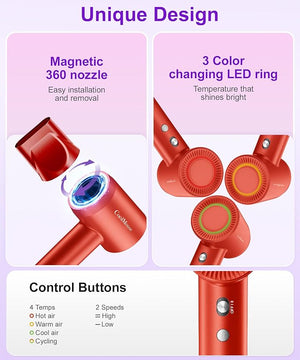 High-Speed Ionic Hair Dryer: 150000 RPM Brushless Motor 500 Millions Negative Ionic Care Blow Dryer for Fast Drying Low Noise Thermo-Control Hairdryer Travel with Magnetic Diffuser &amp Nozzle