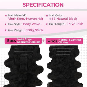 Lashey 5pcs Invisi Edge &amp 4pcs Seamless Clip in Hair Extensions Human Hair 18 Inch 130g Real Human Hair Extensions Natural Black Body Wave Hair