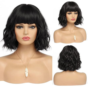 Short Black Bob Wig With Bangs Synthetic Natural Hair Wigs for Women Shoulder Length Wavy Wig 1B Water Wave(14Inches)