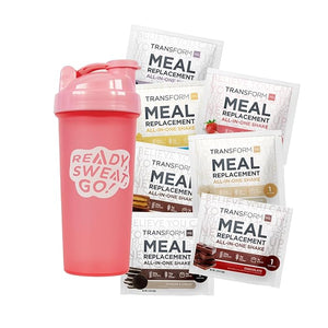TransformHQ Meal Replacement Shake Variety Box With Pink Shaker 7 Single-Serving Shake Packs