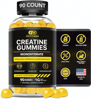 Effective Nutra Creatine Monohydrate Gummies - 1g Creatine per Gummy - Vegan Muscle &amp Strength Supplement for Men &amp Women - Supports Muscle Growth Energy Endurance - Lemon Flavor Made in US