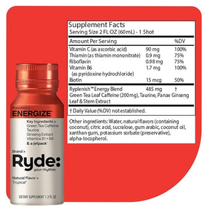 Ryde: Energize Shot | Tropical Flavor | Green Tea Caffeine Taurine Ginseng Extract &amp B Vitamins | 0 Calories 0 Sugar | 2 FL OZ Shots | Boosts energy* (8 Pack)