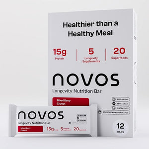Novos Longevity Protein Bar - Mixed Berry Crunch - 15g Protein 5 Longevity supplements 20 Superfoods Organic Olive Oil Seed Oil Free Targets Causes of Aging Skin Mind and Mood Support 12-Pack