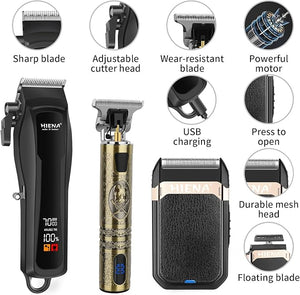 HIENA PRO Professional Cordless Hair Clippers for Men T-Blade Beard Trimmer &amp Foil Shaver Set Barber Clipper Hair Cutting Grooming Kit Barber kit