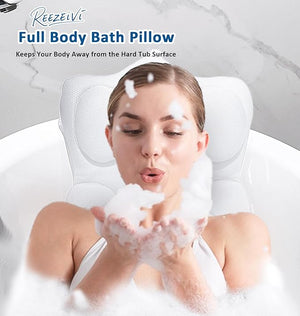 REEZEIVI Full Body Bath PillowThick Bathtub Cushion with Laundry BagBath Pillow with 13 Non-Slip Suction CupsSoft 3D Mesh FabricBathtub Cushion for Headrest Neck and Back Support (White)