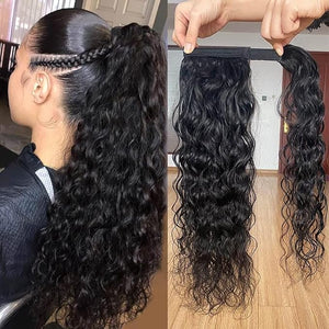Magic Paste Ponytail Human Hair Extension Water Wave Afro Ponytail for Black Women Human Hair Natural Black Color Brazilian Virgin Human Hair Ponytail Remy Hair Extensions(12 Inches 105g)