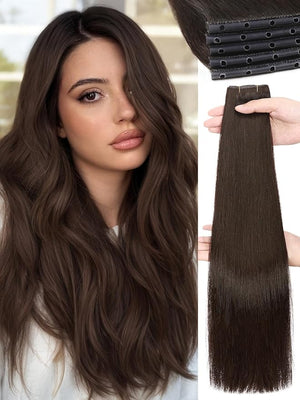 WIGNEE OVO Brown Hair Extensions ? 20 Inch 100% Remy Human Hair Dual Hand-Tied Double Invisible Weft Micro Beaded Sew-In Glueless Seamless Soft Silky Hair Extensions