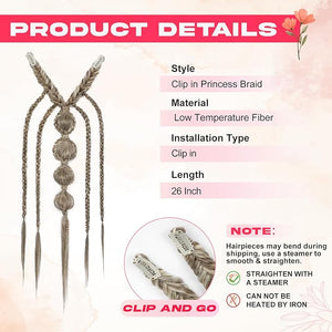 Clip in Braid Hair Extensions - Boho Festival Princess Braid, Viking &amp; Renaissance Hair Extension, Fairy Cosplay Wedding Hairpiece for Women - Ash Brown with Blonde Mixed