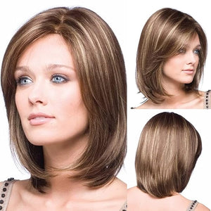 SEVENCOLORS Short Brown Mixed Blonde Bob Wigs for White Women Shoulder Length Synthetic Hair Wigs with Side Bangs Straight Blonde Highlights Women¡¯s Wig