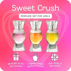 Sweet Crush Girls Perfume Gift Set ? 3 Candy-Shaped Body Spray Perfumes | Fruity Scents for Tween &amp; Teen Girls (Ages 10?14) | Gift-Ready Fashion Collection for Kids &amp; Teens