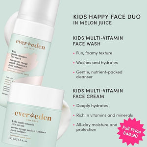 Evereden Kids Happy Face Duo (Melon Juice) - Multi-Vitamin Face Wash &amp Face Cream Set - Clean &amp Vegan Skin Care for Kids 3+ - Moisturizing Nourishing &amp Protective Skin Care Set