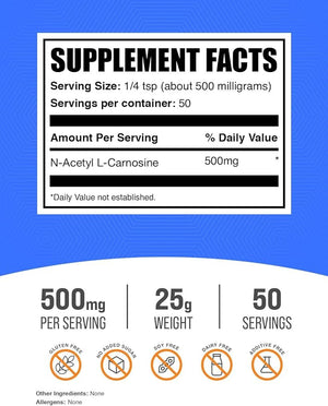 BulkSupplements.com N-Acetyl L-Carnosine Powder - Carnosine Supplement N-Acetyl Carnosine 500mg - Gluten Free 500mg per Serving 25g (0.88 oz) (Pack of 1)