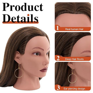 20" Mannequin Head Human Hair,100% Real Hair Mannequin Head,Cosmetology Human Hair Mannequin Doll Head for Hair Styling,Practice Braiding Styling Head with Table Clamp Suitable for Hair Extensions