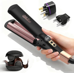 Travel Mini Waver Hair Tool Crimper for Women 0.4 inch Small Double Barrel S Waver Curling Iron Dual Voltage (110-240V) with European Plug Adapter 5 Temps Anti-scalding Auto-Off (Black)