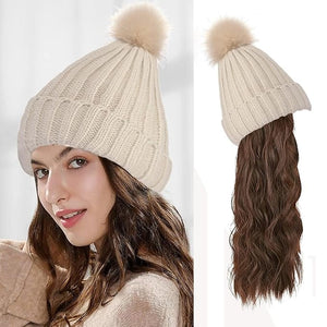 Women Winter Beanie Hat with wig Big Wavy Curly Hair Extensions Knit ski snow Cap Attached Party Daily Weddings wig