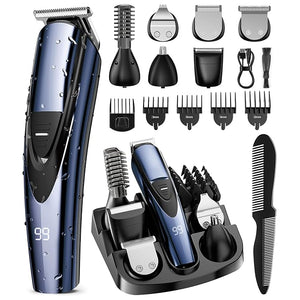 SHPAVVER Beard Trimmer for Men: Professional Barber Hair Clippers - 12-in-1 Cordless Grooming Kit - Waterproof Electric Razor with Turbo Speed &amp Precision Blades Blue