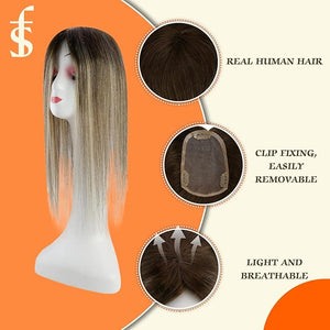 Full Shine Hidden Crown Hair Extensions 3 * 5inch Topper Balayage Brown Fading to Blonde Ombre Hair Topper Clip ins Add Length 14 Inch