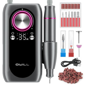 OWill Electric Nail Drill Professional, 35000RPM Rechargeable Machine With LED Display, Portable Electric File for Salon Home Kits, Pink