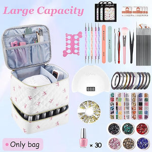 PU Leather Nail Polish Organizer and Nail Lamp Case, Nail Kit Organizer Holds 30+ Bottles (15ml - 0.5 fl.oz) and a Nail Lamp, Nail Polish Carrying Case with Manicure Tools Storage Sections (Pink Bow)