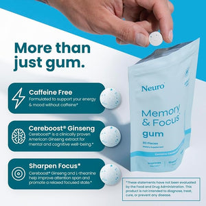 Neuro Memory &amp Focus Gum - Nootropic Gum with Vitamin B12 Vitamin B6 L-Theanine &amp Ginseng Extract - Natural Brain Support Supplement - Vegan Caffeine &amp Sugar Free Chews - Peppermint 90