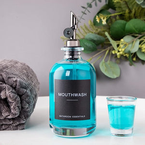 Black Glass Mouthwash Dispenser with Cups 12.7 oz 2 Pack - Clear Mouthwash Bottle with 304 Stainless Steel Spout &amp Minimalist Labels Style Mouthwash Container for Bathroom