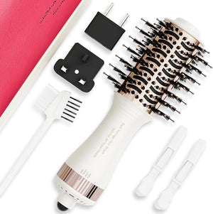 4-in-1 Travel Dual Voltage Hair Dryer Brush Blow Dryer Brush,Portable 2 inch Mini Hot Air Brush,Travel Hair Styler/Volumizer/Straightener/Curler,110-240V European Blow Dry Brush with EU&amp;UK Plug