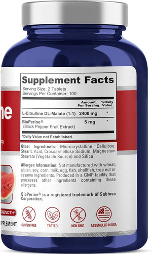 NusaPure L-Citrulline 2400mg 200 Vegetarian Tablets (Non-GMO Gluten Free 100-Day Supply Bioperine)