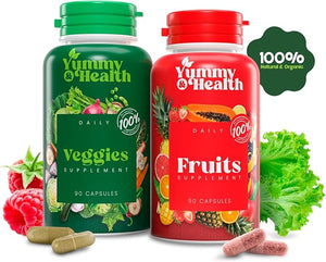 Yummy &amp Health Fruits &amp Veggies Capsules ? 33+ Whole Superfoods from Fruits &amp Vegetables | 90 Fruit + 90 Veggie Capsules | Vegan Non-GMO Gluten-Free | Plant-Based Nutrients &amp Fiber