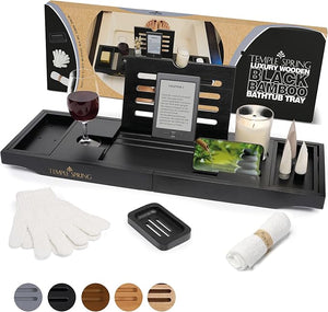 Temple Spring Wooden Bathtub Tray Bamboo Bathroom Accessories Bath Tray for Tub at Home Spa Essentials Board for Tub Table Bath Caddy for Bathtub Accessories &amp Bathroom Essentials ? Black
