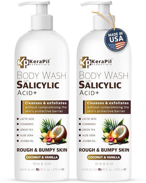 Exfoliating Body Wash with Salicylic Acid - No Dry Out Gentle Exfoliates Rough and Bumpy Skin Body Acne Wash BHA &amp AHA - Coconut and Vanilla Salicylic Acid Body Wash - (16 fl oz x 2)