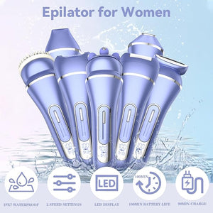 Epilator for Women, 7 in 1 Replaceable Hair Removal &amp; Massager &amp; Cleaner Devices, Bikini Trimmer, Face Massage, Face Exfoliating Brush, Foot Callus Remover, IPX7 Waterproof Razors (Purple)