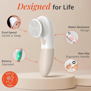 Raedia Handheld Facial Cleansing Brush with 4 Interchangeable Brush Heads by Vanity Planet - Lightweight Daily Cleansing Brush for Glowing Skin - Water Resistant Face Exfoliator - Warm Grey