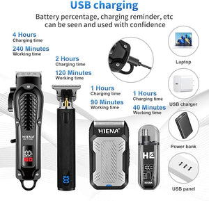HIENA PRO Professional Cordless Hair Clippers for Men, T-Blade Beard Trimmer &amp; Foil Shaver &amp; Nose Hair Trimmer Set, Barber Clipper Hair Cutting Grooming Kit