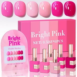 Double Rhythm 6 Pcs 15 ML Gel Polish Set Same Color Same Bottle Soak Off Gel Polish Kit Nail Art Manicure Salon DIY at Home for Women (Bright Neon Light Pink Purple-T6-13)