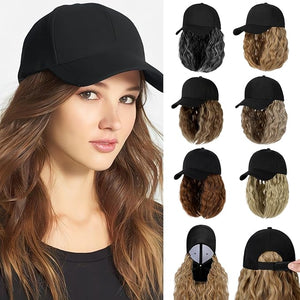 Baseball Hat WigHat with Hair attached 16'' Adjustable Black Cap with Wavy Curly Synthetic Bob Hair Extensions for Women Girls(Medium Blonde Mix Ash Blonde)
