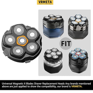 6 Blade Magnetic Replacement Shaving Heads for Bald Men Compatible with All 6D Magnetic Electric Razor (2 PCS VM-072)