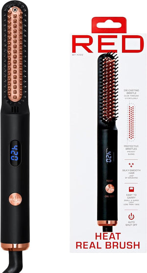 Red by Kiss Heat Real Brush Auto Shut Off Straightener for All Hair Types Portable &amp Easy to Carry Protective Bristles for Silky Smooth Hair