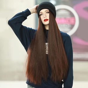 Women Winter Beanie Hat wig Knit with Long Straight/wig Wavy Curly Hair Wig Attached 23.6 Inch Synthetic Hairpiece