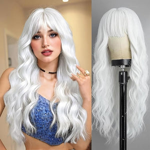 Lativ White Wig With Bangs Long Wavy Wig For Women White Color Wigs Synthetic Curly wig Natural Looking Heat Resistant Hair For Daily Party Cosplay Use 26 Inches