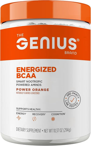 Genius BCAA Powder - 5g Vegan BCAAs L-Glutamine, Cognizin &amp; Rhodiola Muscle Recovery Energy Support 100mg Caffeine Pre, Intra, Post-Workout Nootropic Supplement for Focus &amp; Performance - Orang